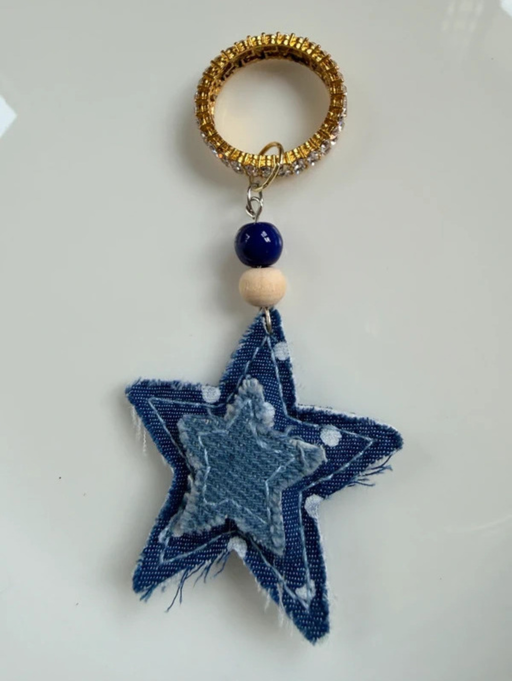 Keychain charm denim star gold rhinestone ring